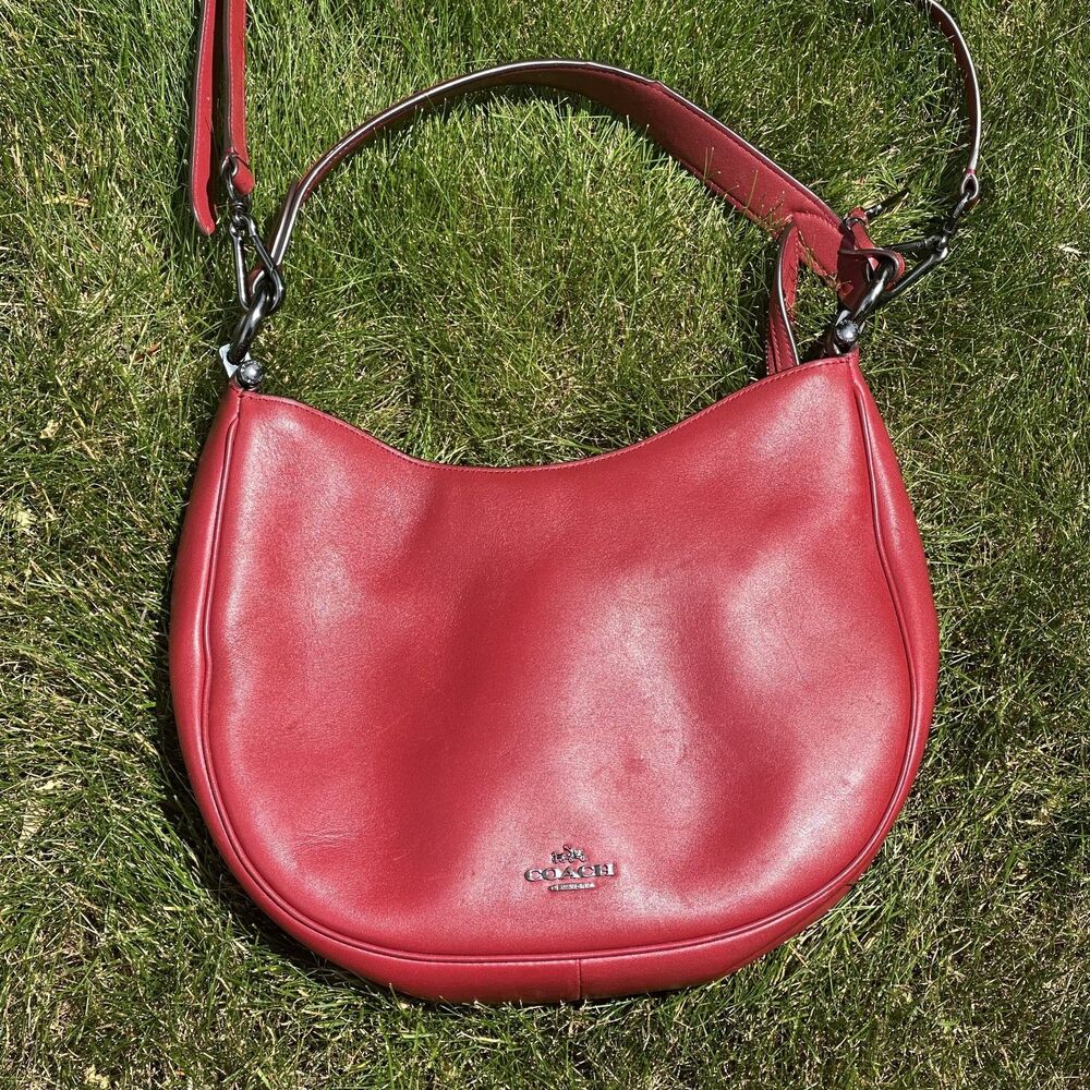 Coach Nomad Hobo Bag Cherry Red Gunmetal Hardware 54446 Glovetanned Leather READ